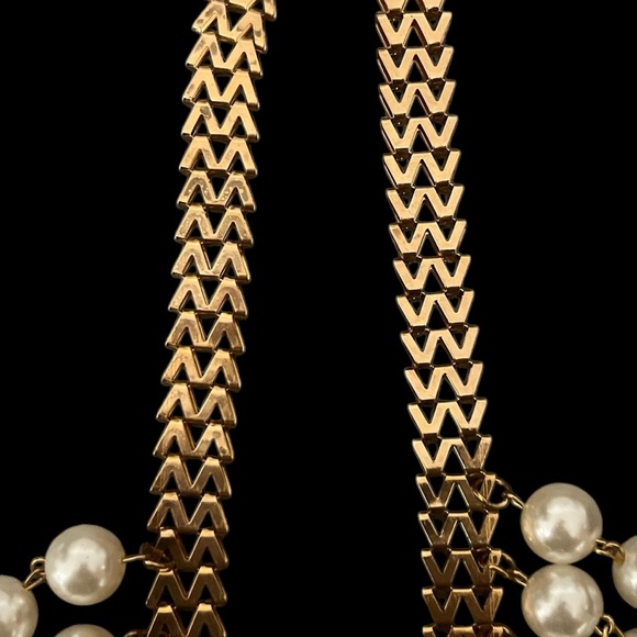 Gold Tone 2 Broke Girls Style Chevron Faux Pearl Choker Necklace - Picture 7 of 14